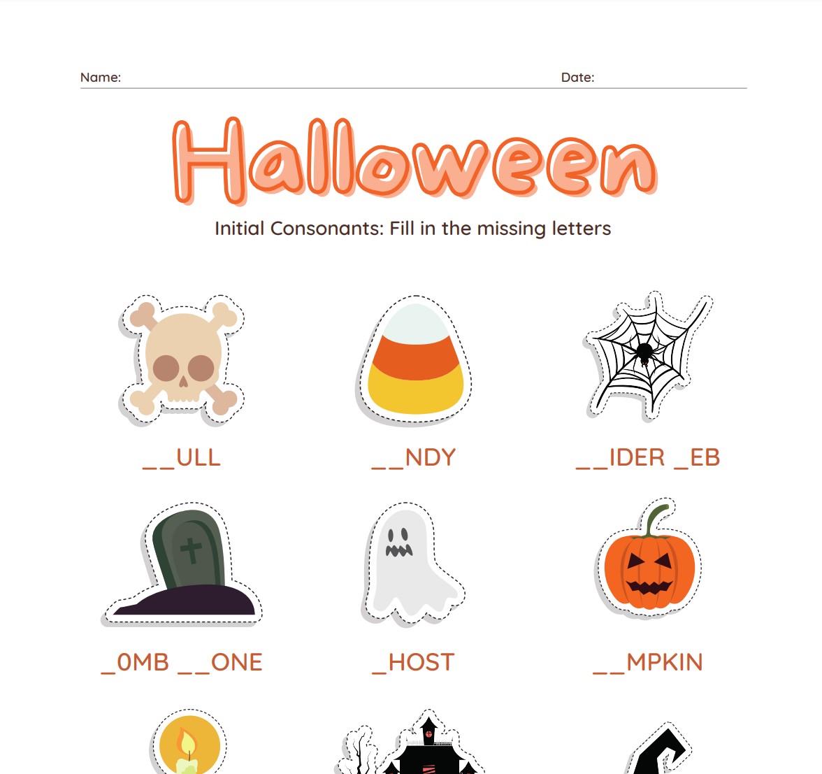 Halloween Initial Consonant Practice Printable