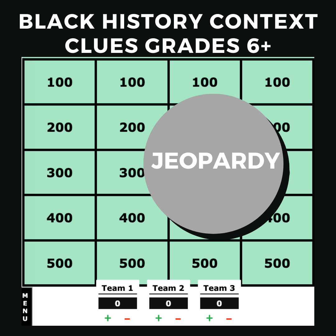 Black History Context Clues Grades 6+ Jeopardy Interactive