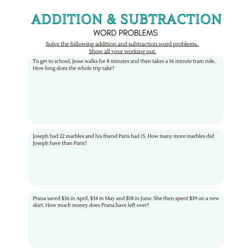 Addition & Subtraction Word Problems for Cognition Printable