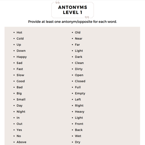 Antonyms Level 1 to 3 Printable