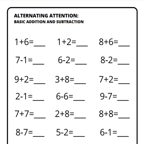 Cognition – Alternating Attention – Basic Addition and Subtraction Printable