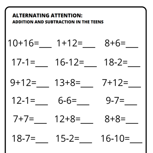 Cognition – Alternating Attention – Simple Addition and Subtraction Printable
