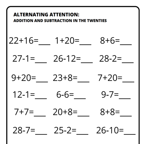 Cognition – Alternating Attention Addition and Subtraction in the 20s Printable