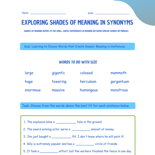 Exploring Shades of Meaning in Synonyms Printable