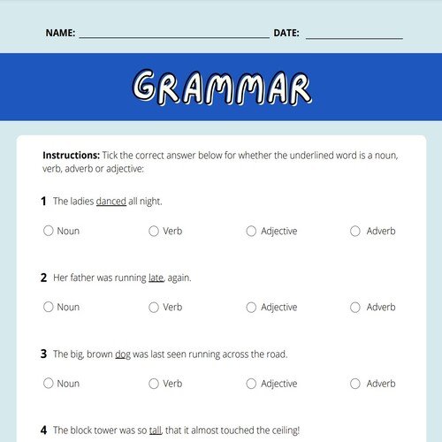 Grammar (Nouns, Verbs, Adjectives, Adverbs) Grades 3-5 Printable