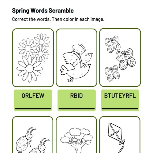 Spring Word Scramble and Coloring Printable