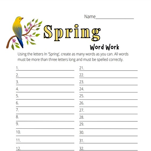 Spring Word Work Printable