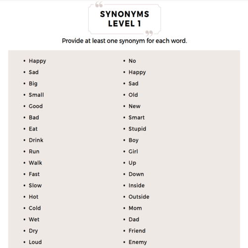 Synonyms Level 1 to 3 Printable