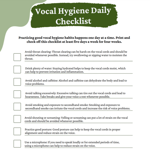 Vocal Hygiene Daily Checklist Printable