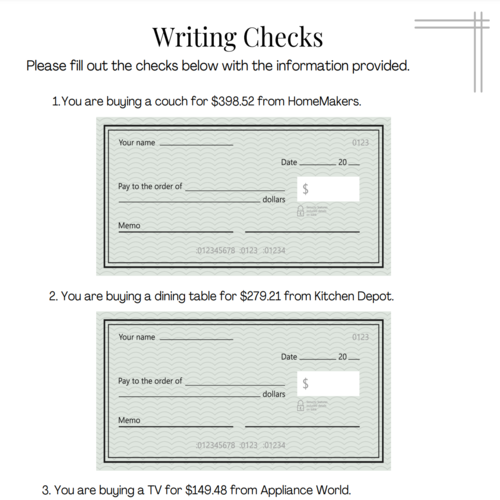 Writing Checks for Furniture – Money Management Worksheet Printable