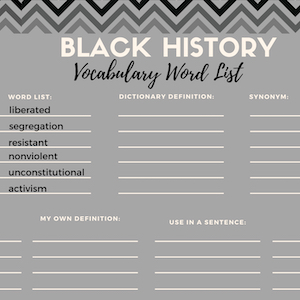 Black History Vocabulary Word List Printable